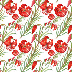Beautiful Watercolor Summer Garden Blooming Flowers Seamless Pattern.