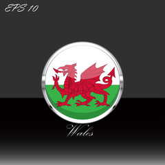 Wales flag isolated on black background. Welsh flag button in silver chrome ring. Wales sport competition participant. Web button, language sign, print graphic element. Clip art illustration icon
