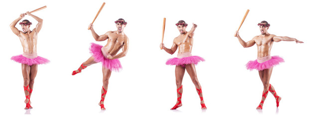 Man wearing ballet tutu isolated on white