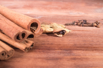 Cinnamon sticks ingredients of mulled wine. Focus on cinnamon
