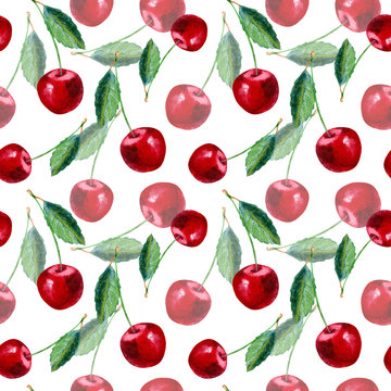 Seamless pattern with cherry.Food picture.Watercolor hand drawn illustration.White background.