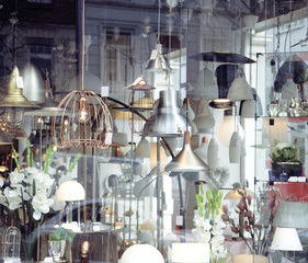 electric- light store. chandelier interior window