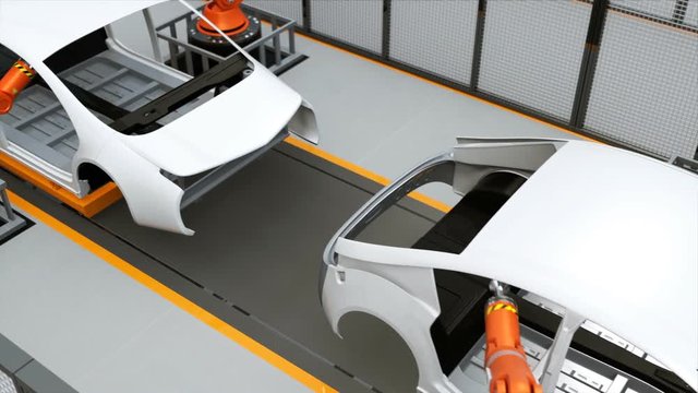 Electric vehicles body assembly line. 3D rendering animation