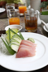Sashimi of fresh tuna (Seafoods Sushi) on white dish.