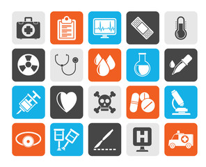Silhouette medical tools and health care equipment icons  - vector icon set