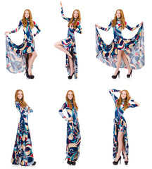 Naklejka premium Attractive woman in blue dress on white