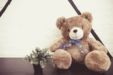 Vintage teddy bear a with white brick wall background.