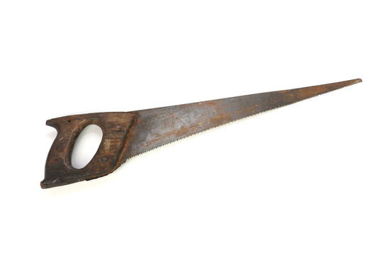 retro rusty hand saw tool isolated on white background