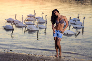 Young woman in short shorts standing in water with bevy of swans