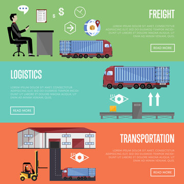 Shipment on warehouse. Distribution goods and shipment of goods in container. Logistic and warehouse infographics. Worldwide delivery process. Logistic service process flat vector illustration.