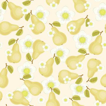 Seamless vector pattern with pears and flowers
