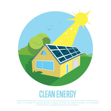 Clean energy vector illustration. Eco house with blue solar panels on the roof under bright sun. Production of energy from the sun. Ecological types of electricity. Green home concept.