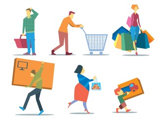 People with shopping bags. People shopping concept. Illustration set of people holding shopping bags, shopping basket, shopping cart, big box, packing box. Family shopping characters in flat.