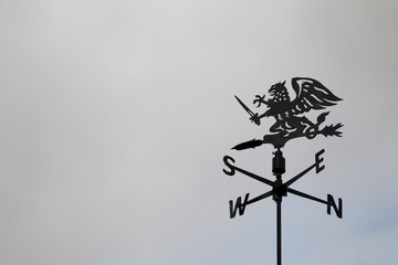 Black dragon wind vane against the sky. Weather vane reflecting compass points