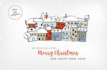 Merry Christmas and HNY card with abstract snowy village