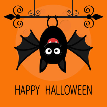 Happy Halloween card. Cute cartoon hanging bat. Animal character. Baby illustration collection. Wrought iron. Big moon. Flat design. Orange background.