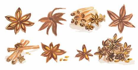 Watercolor spices set. All types of spices as cinnamon, anise, nutmeg, vanilla and more. Brown art.