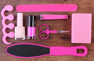 Fototapeta premium Cosmetics and accessories for manicure or pedicure, concept of foot, hand and nail care