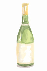 Watercolor white wine bottle. Isolated painted bottle of white wine. Restaurant menu and celebration drinking.
