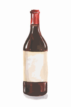 Watercolor red wine bottle. Isolated painted bottle of red wine. Restaurant menu and celebration drinking.