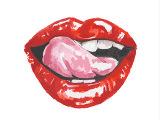 Isolated watercolor lips. Sexy and glamour red lips. Make up and fashion. Lips with tongue,