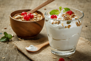 Homemade yogurt with granola, dried fruit and nuts bio - most he