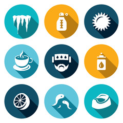 Vector Set of Disease Icons. Cooling, Temperature, Heat, Medicine, Headache, Nasal drop, Lemon, Leeches, Diarrhea.
