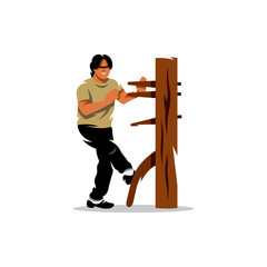 Vector Wing Chun kung fu Man at a wooden dummy. Cartoon Illustration.