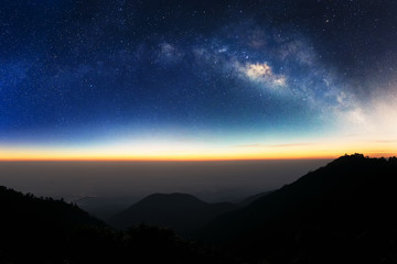 Landscape Milky Way on the night sky.Mountain at night with bright light of the stars across the sky, and dark enough to see the Milky Way galaxy.