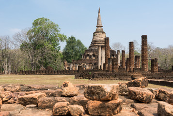 Ancient circular pagoda of old temple  in Srisatchanalai Histori