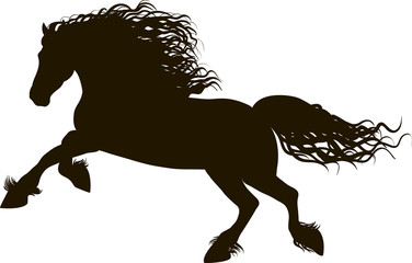 Drawing the black silhouette of running horse on a white background