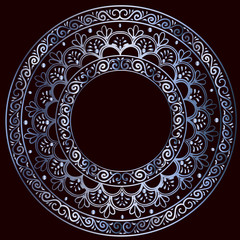 drawing of a round silver gradient frame  with floral ornament on a black background