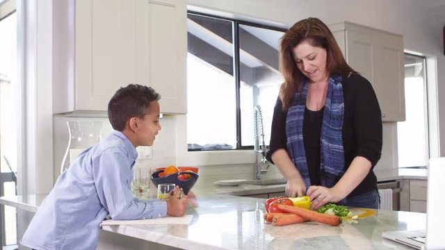 Mother chopping vegetables in kitchen with son