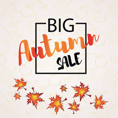 Autumn sale banner with inscription in the black box on a background with maple leaves , concept label, conceptual image, vector illustration