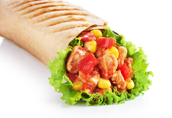 Burrito with grilled chicken and vegetables isolated on white ba