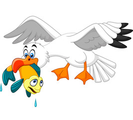 Obraz premium Cartoon seagull eating fish 