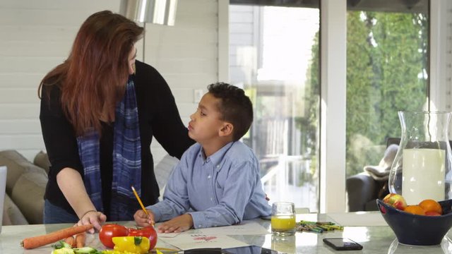 Portrait of Caucasian mom helping African American son with homework