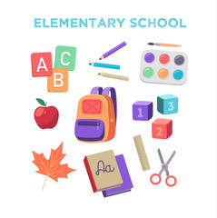 Elementary school supplies. Vector isolated objects.