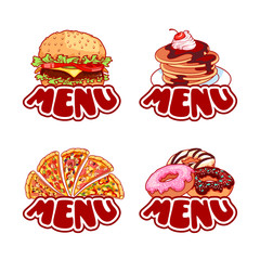 Four logo template with different food for menu design.