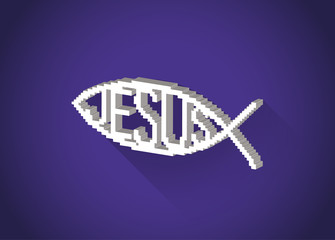 3d isometric pixelated christian fish symbol (Jesus) in a flat design, illustration