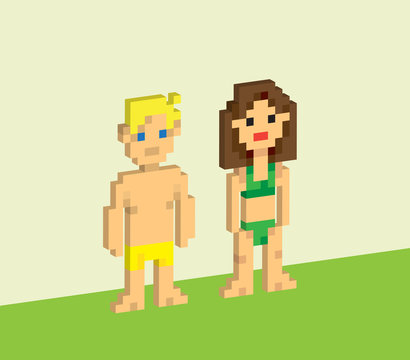 3d Isometric Pixel Girl And Pixel Boy In A Swimsuit, Flat Design. Editable Vector Illustration