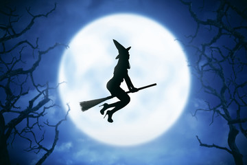 Obraz premium Silhouette of witch woman riding magic broom
