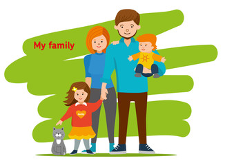 Obraz premium Young family together and happy. Mom, dad, children and cat. Vector illustration of a flat design