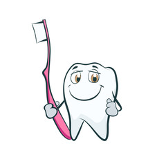 Tooth smiling cartoon character with toothbrush. Tooth mascot for dental care theme graphics. Cartoon style. Vector illustration, isolated.