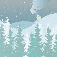 Christmas Eve background. Merry Christmas and Happy New Year landscape. Christmas cottage, snowy forest and snowfall. Vector illustration