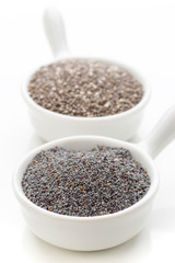 two porcelain bowls with poppy seeds and chia isolated