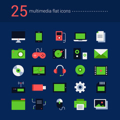 Set of 25 vector flat icons on a dark-blue background