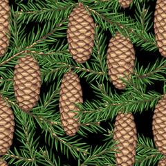 Seamless pattern with fir branches and cones. Detailed vintage illustration