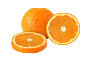 cut and whole orange fruits isolated on white background with cl