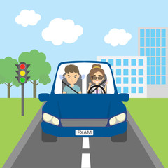 Woman student driver with passenger examiner passing driving test. Riding on the city street.Thoughtless female driver and angry male passenger.